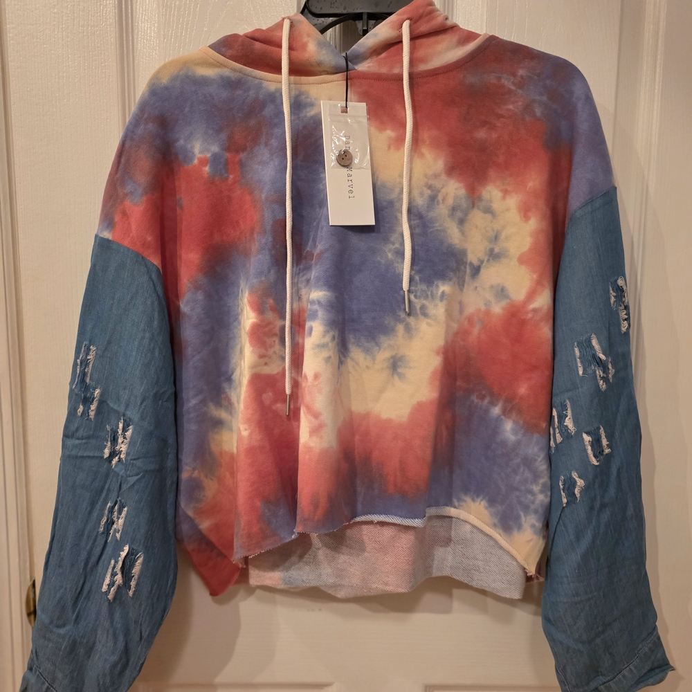Dance & Marvel Multicolor Tie-Dye Cropped Hoodie Distressed Denim Sleeves L NWT